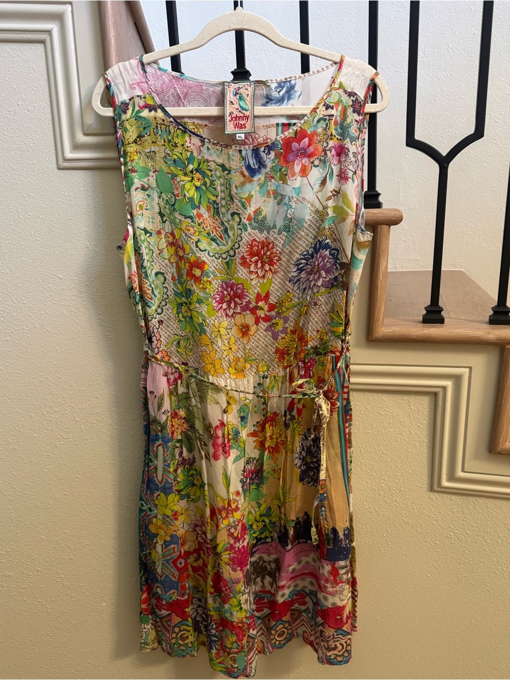 Johnny Was Odina Rayon Tie Multicolor Floral Sleeveless Dress